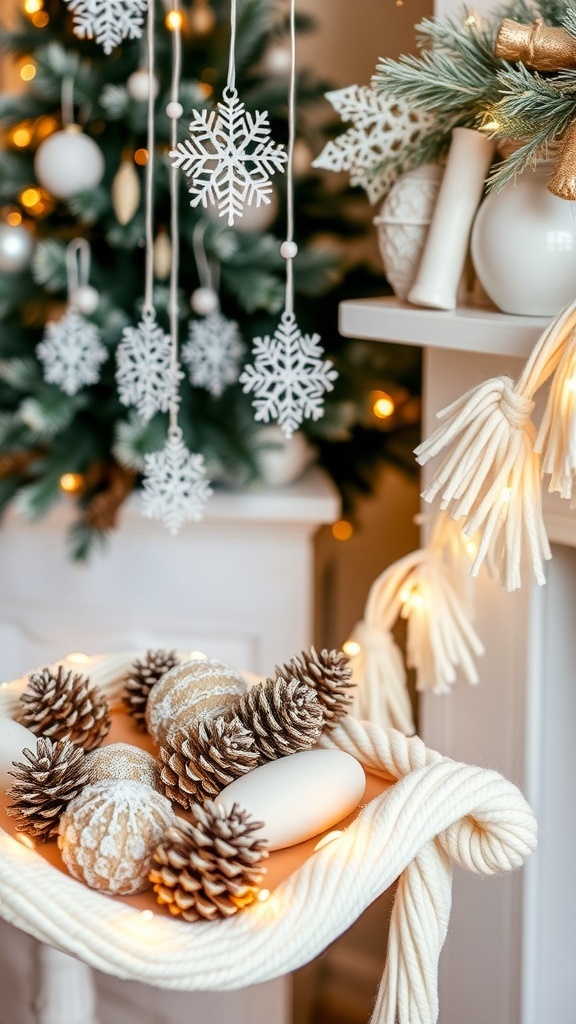 Elegant white Christmas decorations featuring snowflakes, frosted pinecones, and a yarn garland.